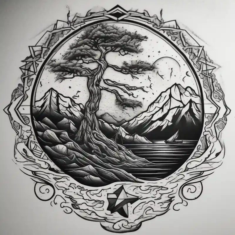 tattoo that has an acacia tree with mountains, ocean with a ship wreck and the northern star half sleeve tattoos for men – Blackwork, Vibrant color